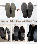 Before and after view of shoes with 4 mm thick rubber shoe soles replacement for boots and sneakers, non slip wave pattern.