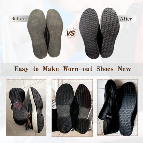 Before and after view of shoes with 4 mm thick rubber shoe soles replacement for boots and sneakers, non slip wave pattern.
