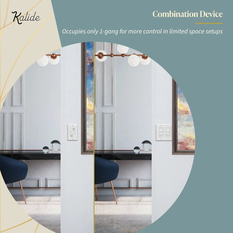 Kalide Dual Load Dimmer Light Switch With Full Range Dimming For LED And CFL Bulbs in modern interior setting.