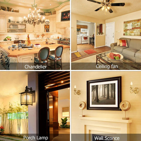 Image showing Dimmable Candelabra LED Bulb 2700K Warm White in chandelier, ceiling fan, porch lamp, and wall sconce setups.