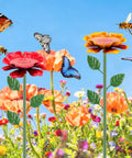 Two Pack Metal Bee Watering Station With Flower Design And Colorful Butterfly Bath Outdoor Garden Yard Patio Decor Attracts Bees And Butterflies With Durable Garden Feeder, featuring metal flower shapes with butterflies and bees in a garden setting.