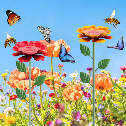 Two Pack Metal Bee Watering Station With Flower Design And Colorful Butterfly Bath Outdoor Garden Yard Patio Decor Attracts Bees And Butterflies With Durable Garden Feeder, featuring metal flower shapes with butterflies and bees in a garden setting.