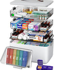 CTIME 4-tier XL medicine organizer with leather handle; white translucent drawers and a 7-day color-coded pill box.