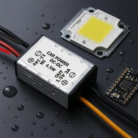 DC Buck Converter Module 24V-12V To 1.5V, 3A Output, 4.5W Power Regulator With 13cm Cable, shown wet with connected components