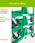 Heavy Duty Mobile Conduit And Pipe Rack Featuring Badass Seven Bin Jobsite Organizer With Hella Smooth Swivel Casters Fully Foldable Stackable Setup For Crews, showcasing secure stacking block and caster details.