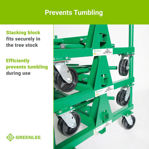 Heavy Duty Mobile Conduit And Pipe Rack Featuring Badass Seven Bin Jobsite Organizer With Hella Smooth Swivel Casters Fully Foldable Stackable Setup For Crews, showcasing secure stacking block and caster details.