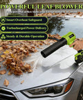 Person using Beast Power Cordless Leaf Blower With Turbo 800000 RPM Motor Dual Speed Nozzles 2x4Ah Batteries And Charger on car