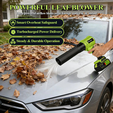 Person using Beast Power Cordless Leaf Blower With Turbo 800000 RPM Motor Dual Speed Nozzles 2x4Ah Batteries And Charger on car