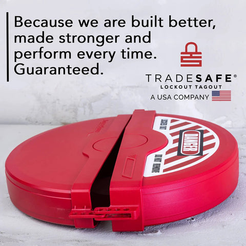 Gate Valve Lockout Kit For 10 To 13 Inch Valve Handles Red Lockout Tagout OSHA Compliant safety device on a gray surface