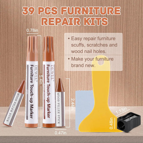 No Sweat Scratch Fix Kit 18 Color Wood Markers Plus Fillers For Furniture Laminate Hardwood Floors Cabinets Doors Quick Stain Match Include Scraper And Towel, displayed with two brown markers, a scraper, and filler stick.