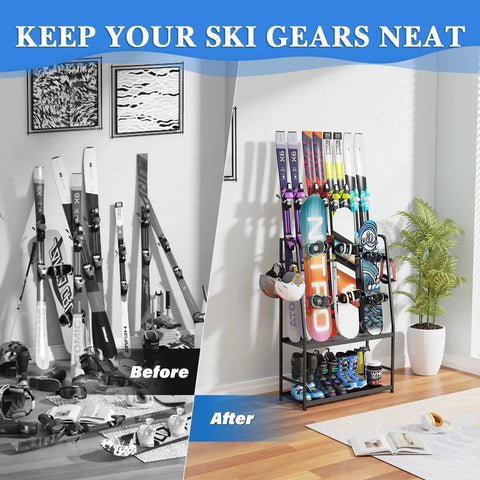 Before and after image of Freestanding Heavy Duty Ski And Snowboard Rack For Garage Storage Holds Four Full Sets Of Gear.