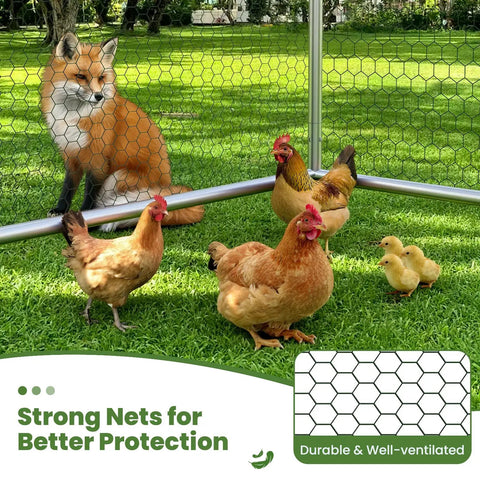 Chickens and a fox near Large Metal Chicken Coop With Walk In Roosting Ladder, UV Resistant Cover, Waterproof Roof, Rust Resistant Heavy Duty Steel Frame, Outdoor Hen House For Yard Farm And Rabbits, Weatherproof Walk In Cage