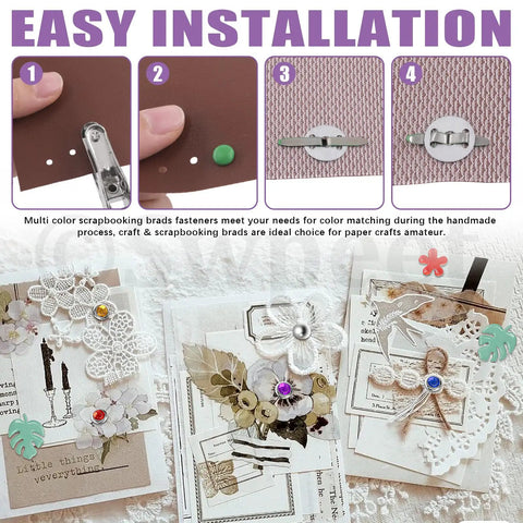 Smooth Ops With MultiColor Split Pins And Mini Brass Paper Fasteners Paired With Compact Hole Puncher 240 Piece Supply Kit installation guide showing fasteners on paper.