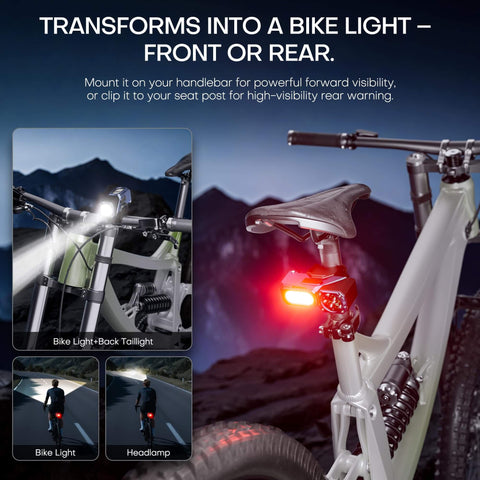 All In One Rechargeable Headlamp With 600 Lumen Front Light And 180 Degree Rotating Side Light on bike, used as front or rear light.