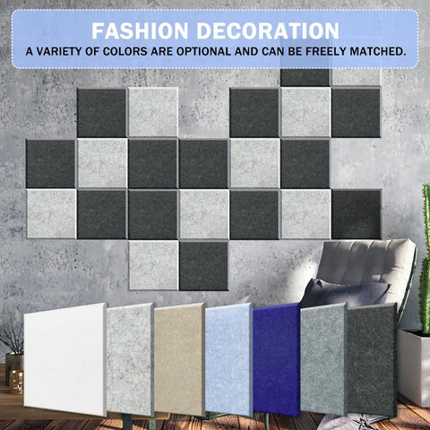 Premium Square Acoustic Panels Self Adhesive 12 Pack Sound Absorbing Wall Tiles in various colors arranged on a wall.