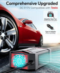 Pure Sine Wave Power Inverter 300W Car Charger Plug In Outlet 12V To 110V AC with USB Ports next to red Tesla