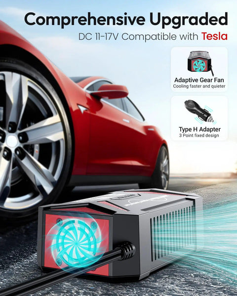 Pure Sine Wave Power Inverter 300W Car Charger Plug In Outlet 12V To 110V AC with USB Ports next to red Tesla