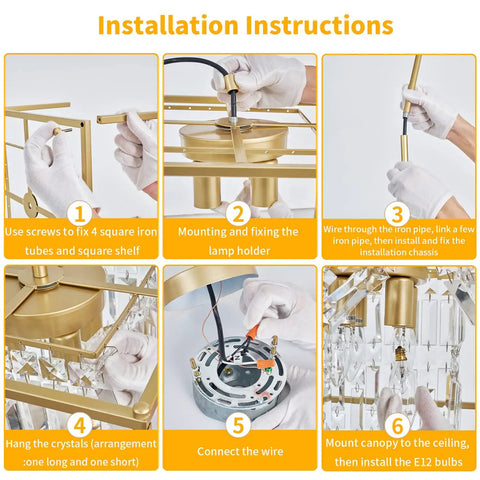 Installation instructions for Gold Crystal Chandelier Pendant Light Four Light Industrial Fixture Square 11.81 Inch.