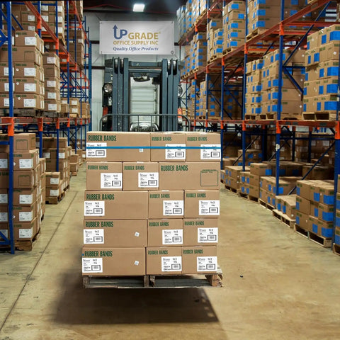 Warehouse forklift with boxes of Size 64 Rubber Bands 3 1/2 Inch By 1/4 Inch Pack Of 80 Natural Latex for office use