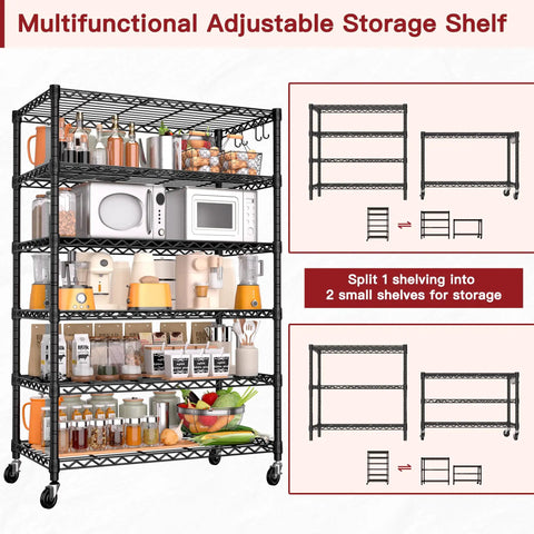Six Tier Beefy Wire Shelving On Wheels For Garage Storage 36 Inch Wide By 18 Inch Deep By 78 Inch High Heavy Duty Steel Construction Holds Up To 1500 Lbs Total Capacity Per Shelf 250 Lbs Mobile Rack, black wire kitchen shelf on wheels