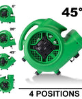 Badass Medium Air Mover And Pro Carpet Dryer Featuring Built In Timer With Outlet Sockets For Rapid Flood Cleanup And Crawl Space Moisture Removal Real Deal Utility Floor Blower in 45-degree position.