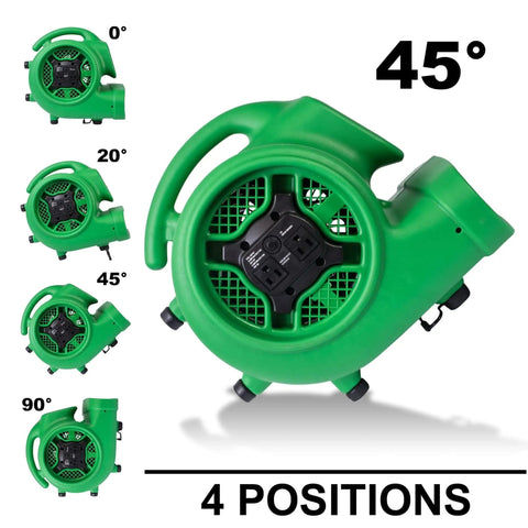 Badass Medium Air Mover And Pro Carpet Dryer Featuring Built In Timer With Outlet Sockets For Rapid Flood Cleanup And Crawl Space Moisture Removal Real Deal Utility Floor Blower in 45-degree position.
