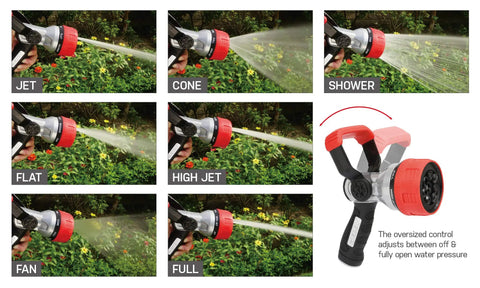 Heavy Duty Metal Fireman Hose Nozzle With Seven Spray Patterns High Pressure Garden Sprayer Quick Connect Set demonstrating spray modes