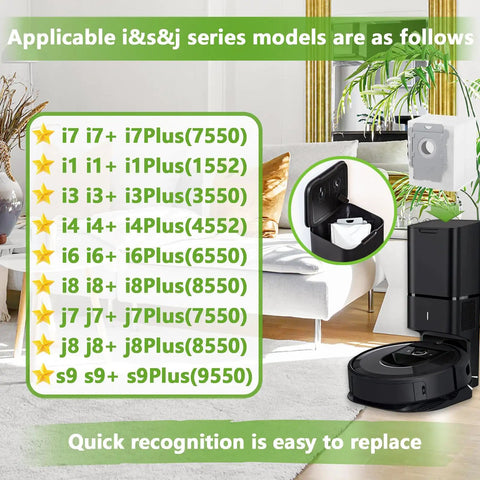 Image showing compatibility chart and Roomba with Clean Base docking station. Focus keyword: 16 Pack Replacement Heavy Duty Vacuum Bags For I Series S Series And J Series With Clean Base Automatic Dirt Disposal Bags Compatible With I7 Plus I7 I1 Plus I1 I3 Plus I3 I4 Plus I4 I6 Plus I6 I8 Plus I8 J7 Plus J7 J8 Plus J8 S9 Plus S9.