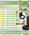 Infographic on 25 Pack Replacement Vacuum Bags For Roomba I7 I7 Plus I8 I8 Plus J6 J6 Plus J7 J8 S9 S9 Plus models with features.