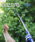 Hands holding extended All In One Kid Friendly Fishing Pole Set With Portable Folding Rod And Spincast Reel against green backdrop