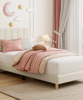 Heavy Duty Twin Platform Bed Frame With Sleek Wooden Headboard, Low Rise Kids Sleeping Setup in cozy room with soft pillows.