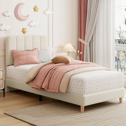 Heavy Duty Twin Platform Bed Frame With Sleek Wooden Headboard, Low Rise Kids Sleeping Setup in cozy room with soft pillows.
