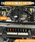 Engine bay showing installation of Wireless 8 Gang Switch Panel For Trucks SUVs UTVs And Boats with neat wiring upgrade.