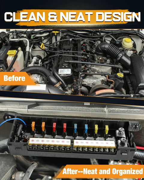 Engine bay showing installation of Wireless 8 Gang Switch Panel For Trucks SUVs UTVs And Boats with neat wiring upgrade.