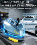 Heavy-Duty Professional Portable Steam Cleaner With 30 Second Quick Heat Up For Auto Detailing And Deep Cleaning No Chemicals Needed High Power Commercial Grade Steamer For Tough Grime in a garage setting with steam hose and vibrant design.