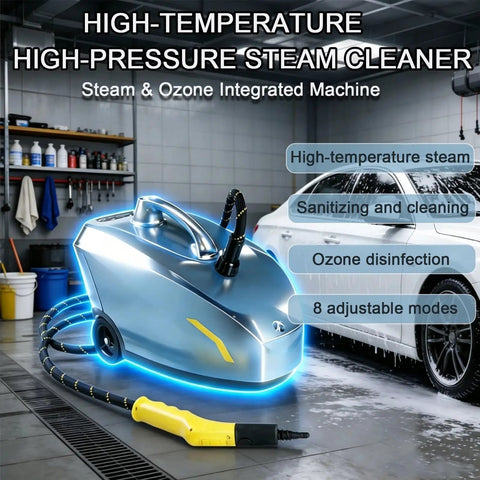 Heavy-Duty Professional Portable Steam Cleaner With 30 Second Quick Heat Up For Auto Detailing And Deep Cleaning No Chemicals Needed High Power Commercial Grade Steamer For Tough Grime in a garage setting with steam hose and vibrant design.