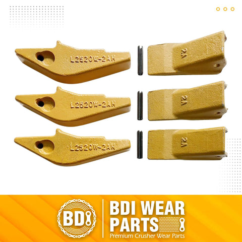 Weld-On Flush Mount 2A Bucket Shanks And 2AH Teeth Set With Pins For Excavator Backhoe, shown in three durable alloy steel sets.