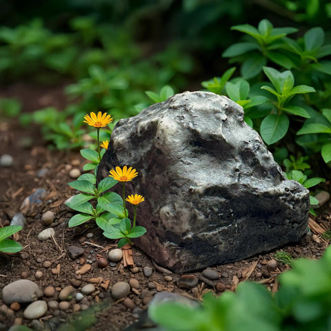 Hide A Spare Key In Plain Sight With This Real Looking Rock Key Holder For Gardens Or Lawns, placed among garden plants.