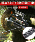 Synthetic Winch Rope Kit One Quarter Inch By Fifty Foot 9500 Lb Load Winch Line With Protective Sleeve Rubber Stopper And Heavy Duty Hook For Towing ATV UTV SUV Truck on rugged terrain