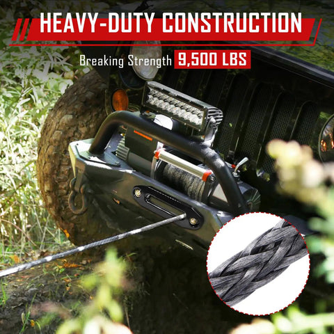 Synthetic Winch Rope Kit One Quarter Inch By Fifty Foot 9500 Lb Load Winch Line With Protective Sleeve Rubber Stopper And Heavy Duty Hook For Towing ATV UTV SUV Truck on rugged terrain