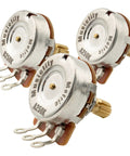 Pro HD A250K and B250K Full Brass 18-Spline Split Shaft Pots, close-up view of 250K potentiometers for Strat style guitars