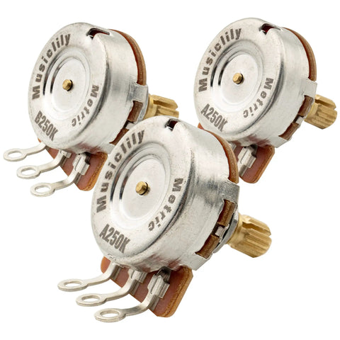 Pro HD A250K and B250K Full Brass 18-Spline Split Shaft Pots, close-up view of 250K potentiometers for Strat style guitars