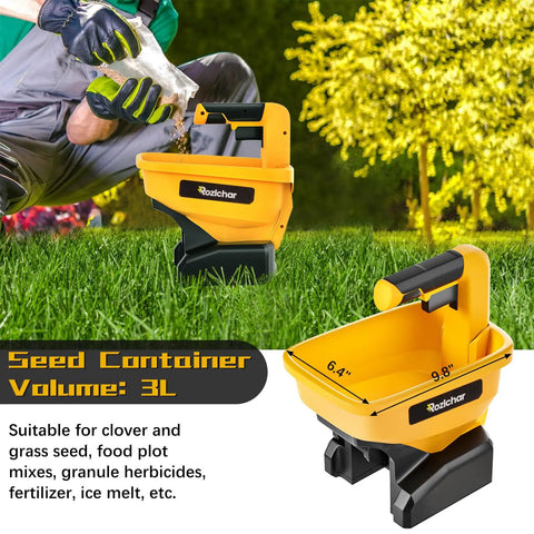 Person using Power Spreader For Dewalt 20V And 60V Batteries, Seed And Fertilizer Spreader For Year Round Yard Care, Tool Only