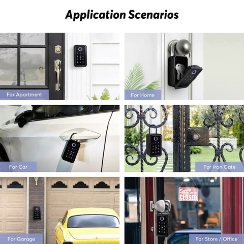 Wireless Key Lock Box With App Access And Bluetooth Ekey Dope Biometric Lockbox on door and gate showcasing various uses.