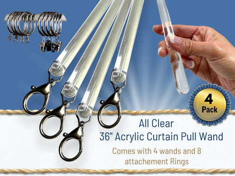 Clear Acrylic Curtain Pull Wand 36 Inch Set Of 4 Durable Drapery Pull Rods With Heavy Duty Lobster Hooks For Easy Curtain Opening And Closing Transparent Impact Resistant Window Treatment Accessory, 4-pack with rings