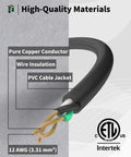 Cutaway view of 25ft Heavy Duty Outdoor Extension Cord With 3 Outlets, 12 Gauge 3 Prong Waterproof Cable showing copper conductor.