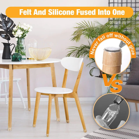 Room with a white chair using Upgraded 24 Pack Silicone Chair Leg Caps With Felt Pads, Clear No Slip Easy Glide Furniture Foot Protectors.