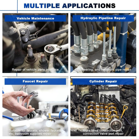 Multiple applications of 245 Pieces SAE Bonded Sealing Washers Set for vehicle, hydraulic, faucet, and cylinder repair.