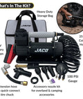 Heavy Duty Portable Air Compressor Tire Inflator Kit with 12V clamps, coiled hose, and accessory nozzles for versatile use.