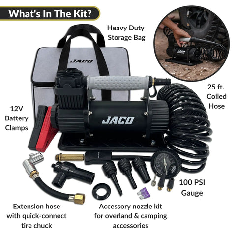 Heavy Duty Portable Air Compressor Tire Inflator Kit with 12V clamps, coiled hose, and accessory nozzles for versatile use.